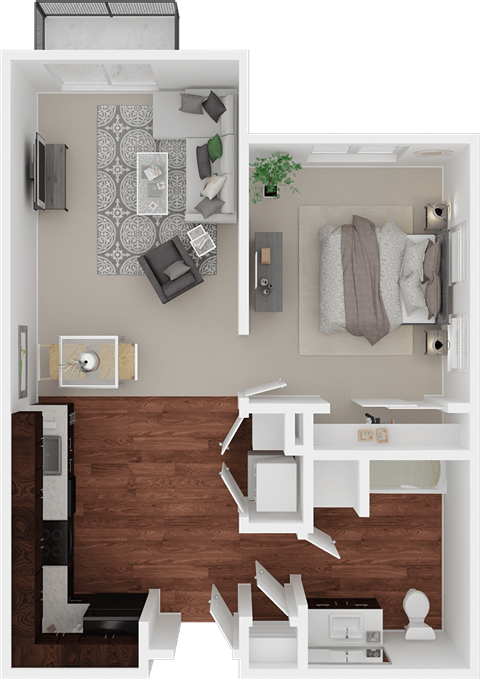 Floor plan for 1 bed, 1 bath, 671 sqft